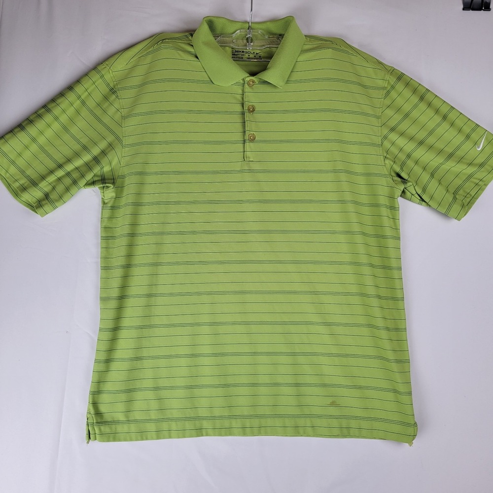 Nike Golf Shirt Mens Medium Lime Green Dri Fit UV Sun Protection Striped Polo